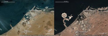 La côte de Ras el Khaïmah en 2004 (à gauche) et en 2011. Le développement immobilier est fulgurant © Google Earth